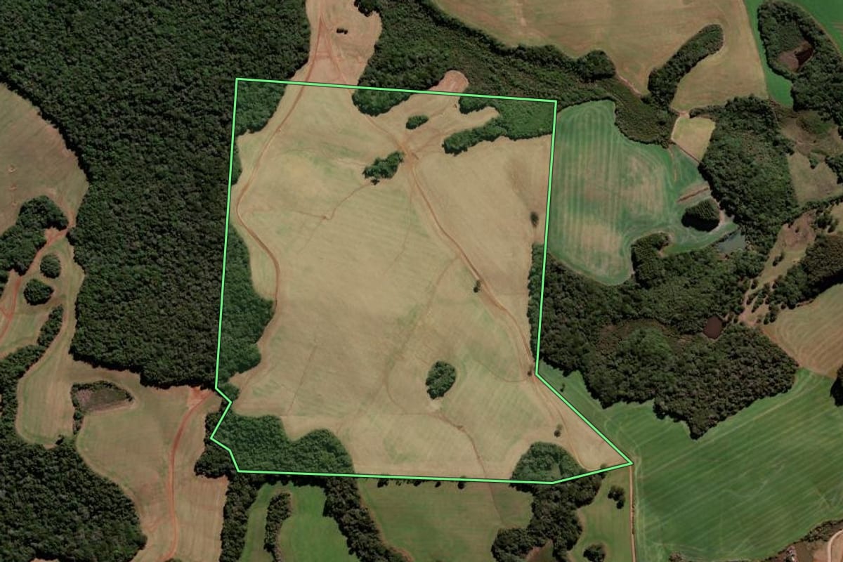 Imagem de satélite do imóvel rural em Campos Novos (SC), com o contorno declarado no CAR desenhado por cima.