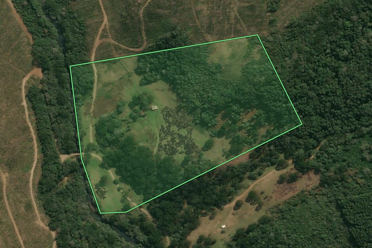 Imagem de satélite do imóvel rural em Campos Novos (SC), com o contorno declarado no CAR desenhado por cima.