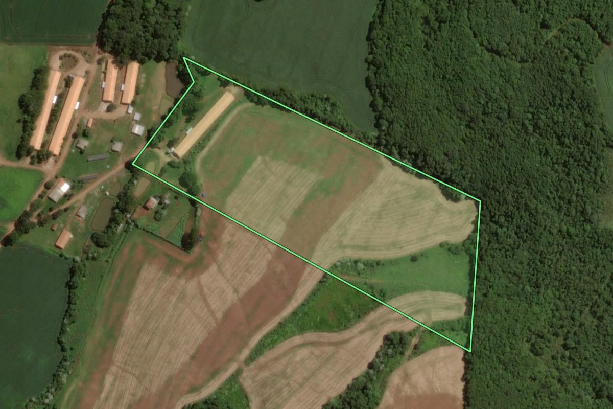 Imagem de satélite do imóvel rural em Campos Novos (SC), com o contorno declarado no CAR desenhado por cima.