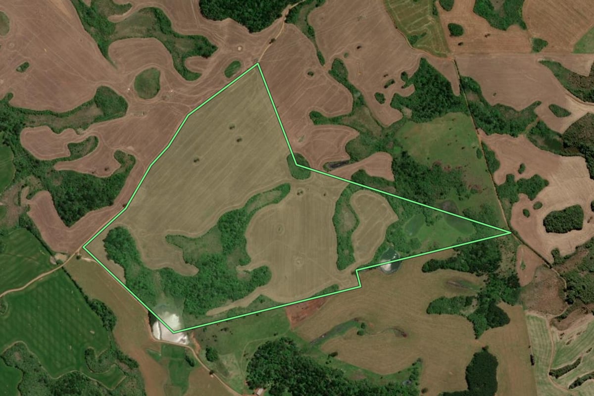 Imagem de satélite do imóvel rural em Campos Novos (SC), com o contorno declarado no CAR desenhado por cima.