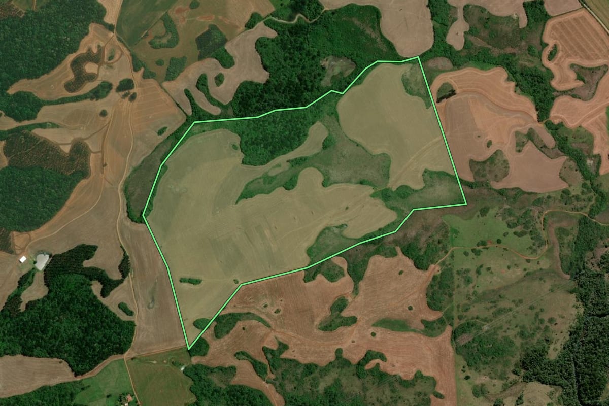 Imagem de satélite do imóvel rural em Campos Novos (SC), com o contorno declarado no CAR desenhado por cima.
