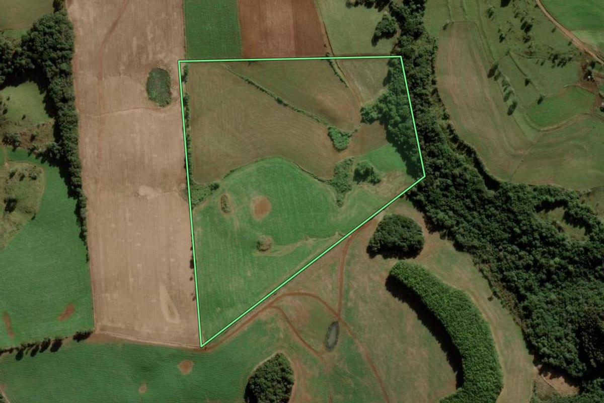 Imagem de satélite do imóvel rural em Campos Novos (SC), com o contorno declarado no CAR desenhado por cima.
