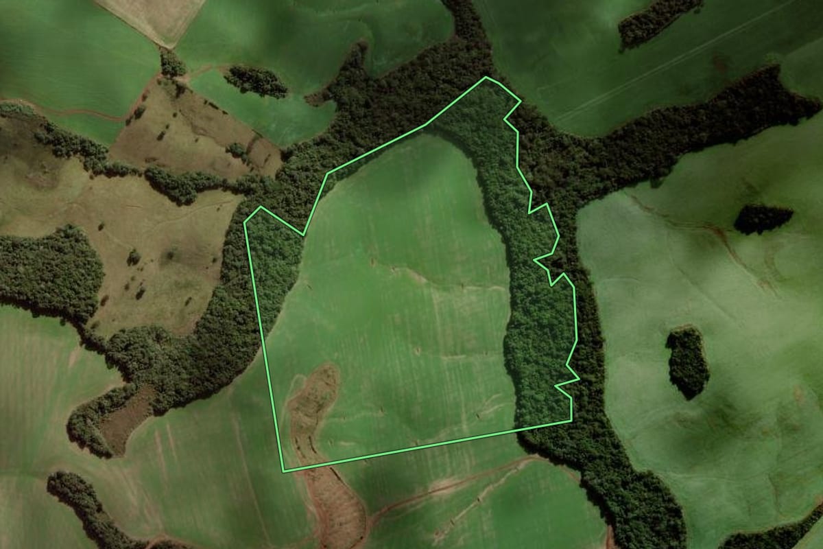 Imagem de satélite do imóvel rural em Campos Novos (SC), com o contorno declarado no CAR desenhado por cima.