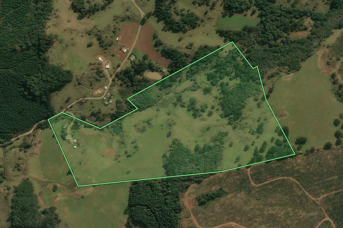 Imagem de satélite do imóvel rural em Campos Novos (SC), com o contorno declarado no CAR desenhado por cima.