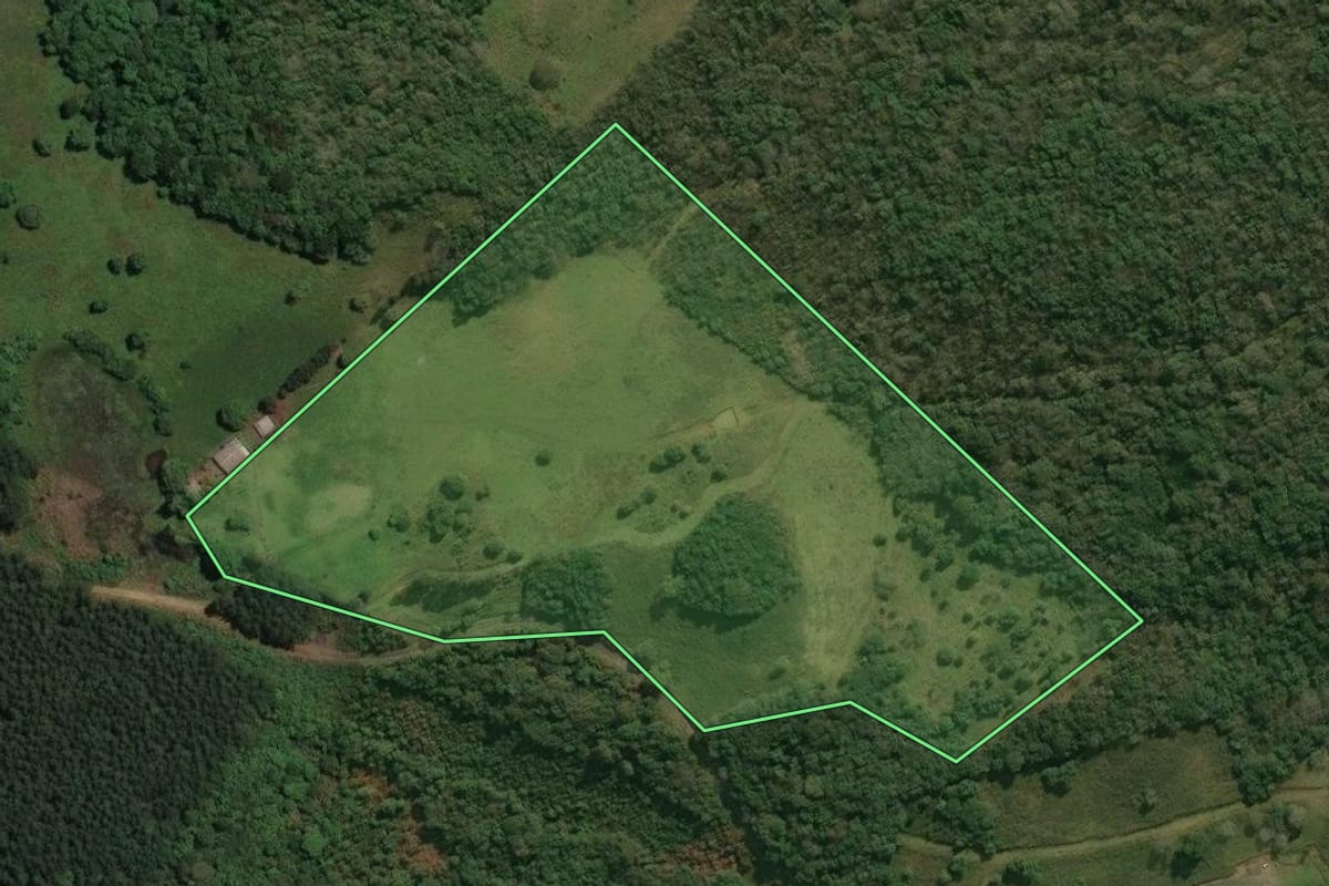 Imagem de satélite do imóvel rural em Campos Novos (SC), com o contorno declarado no CAR desenhado por cima.
