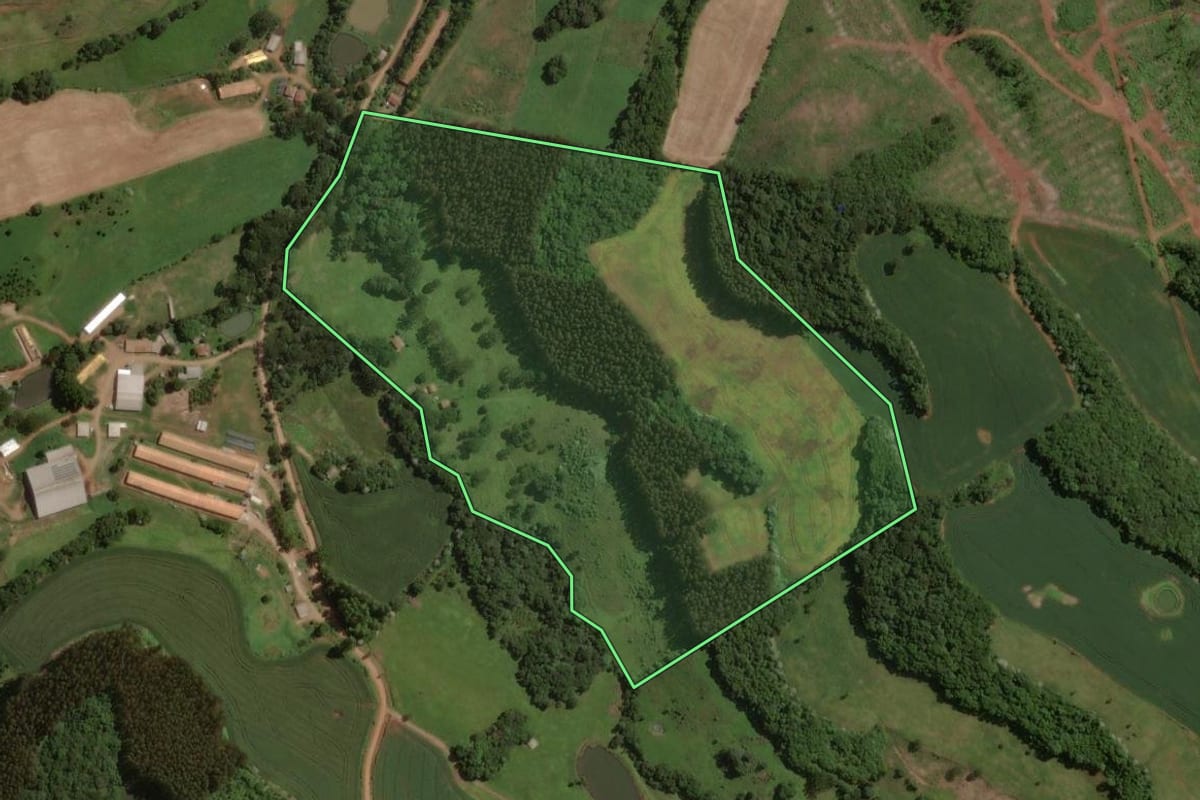 Imagem de satélite do imóvel rural em Campos Novos (SC), com o contorno declarado no CAR desenhado por cima.