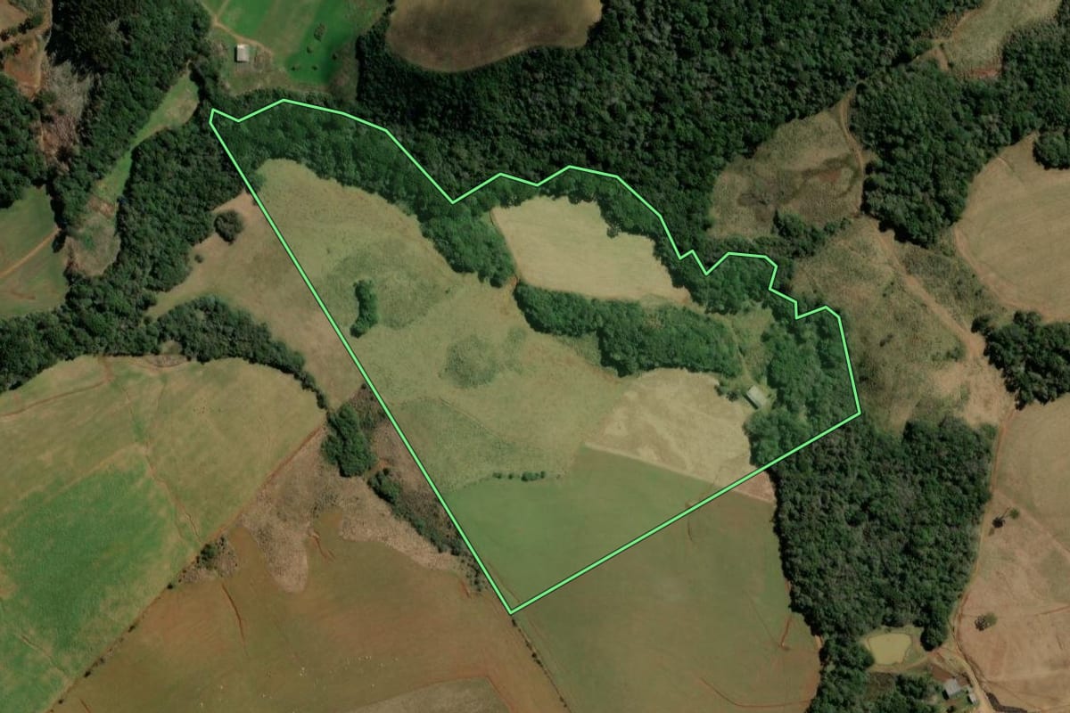 Imagem de satélite do imóvel rural em Campos Novos (SC), com o contorno declarado no CAR desenhado por cima.