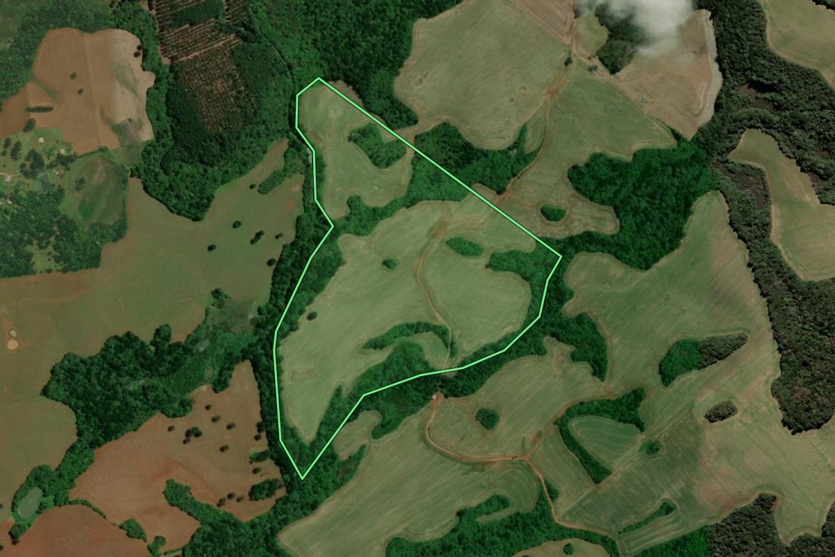 Imagem de satélite do imóvel rural em Campos Novos (SC), com o contorno declarado no CAR desenhado por cima.