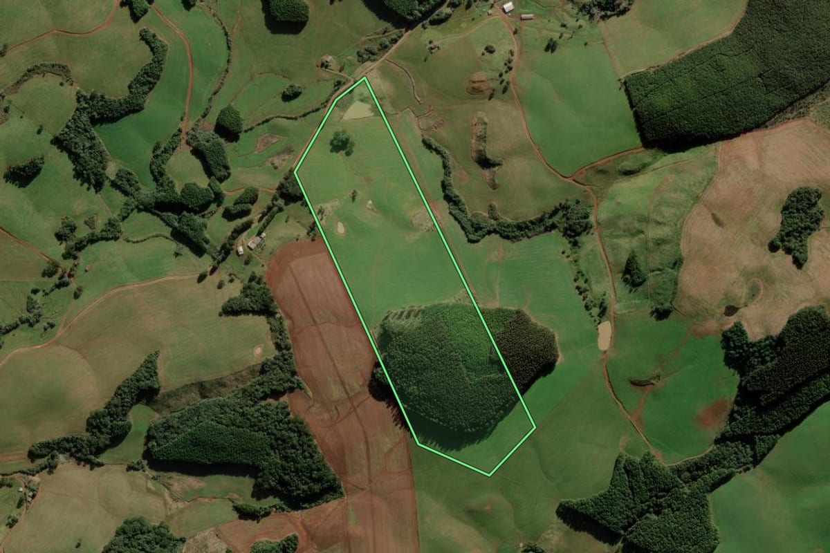 Imagem de satélite do imóvel rural em Campos Novos (SC), com o contorno declarado no CAR desenhado por cima.