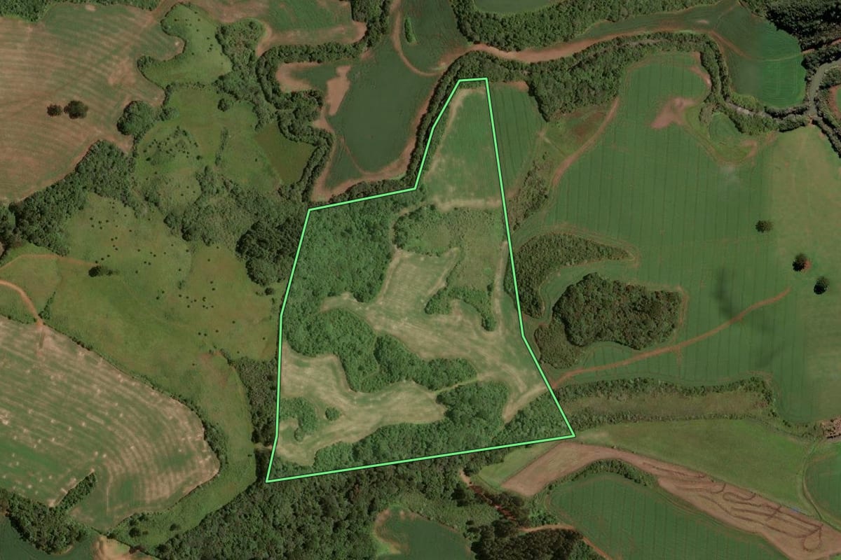 Imagem de satélite do imóvel rural em Campos Novos (SC), com o contorno declarado no CAR desenhado por cima.