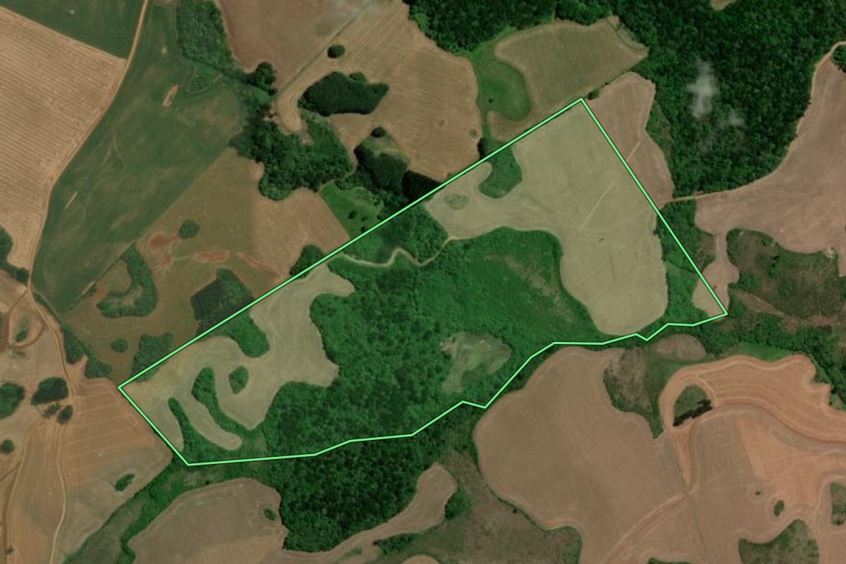 Imagem de satélite do imóvel rural em Campos Novos (SC), com o contorno declarado no CAR desenhado por cima.