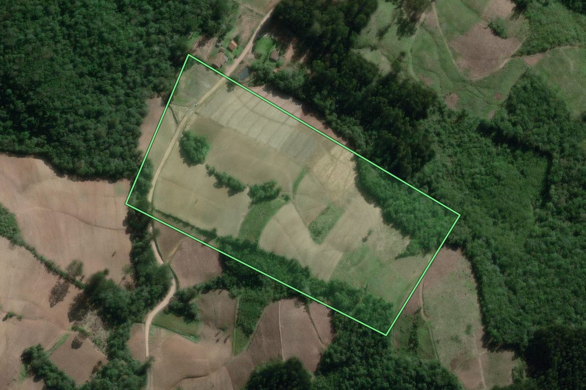 Imagem de satélite do imóvel rural em Canoinhas (SC), com o contorno declarado no CAR desenhado por cima.