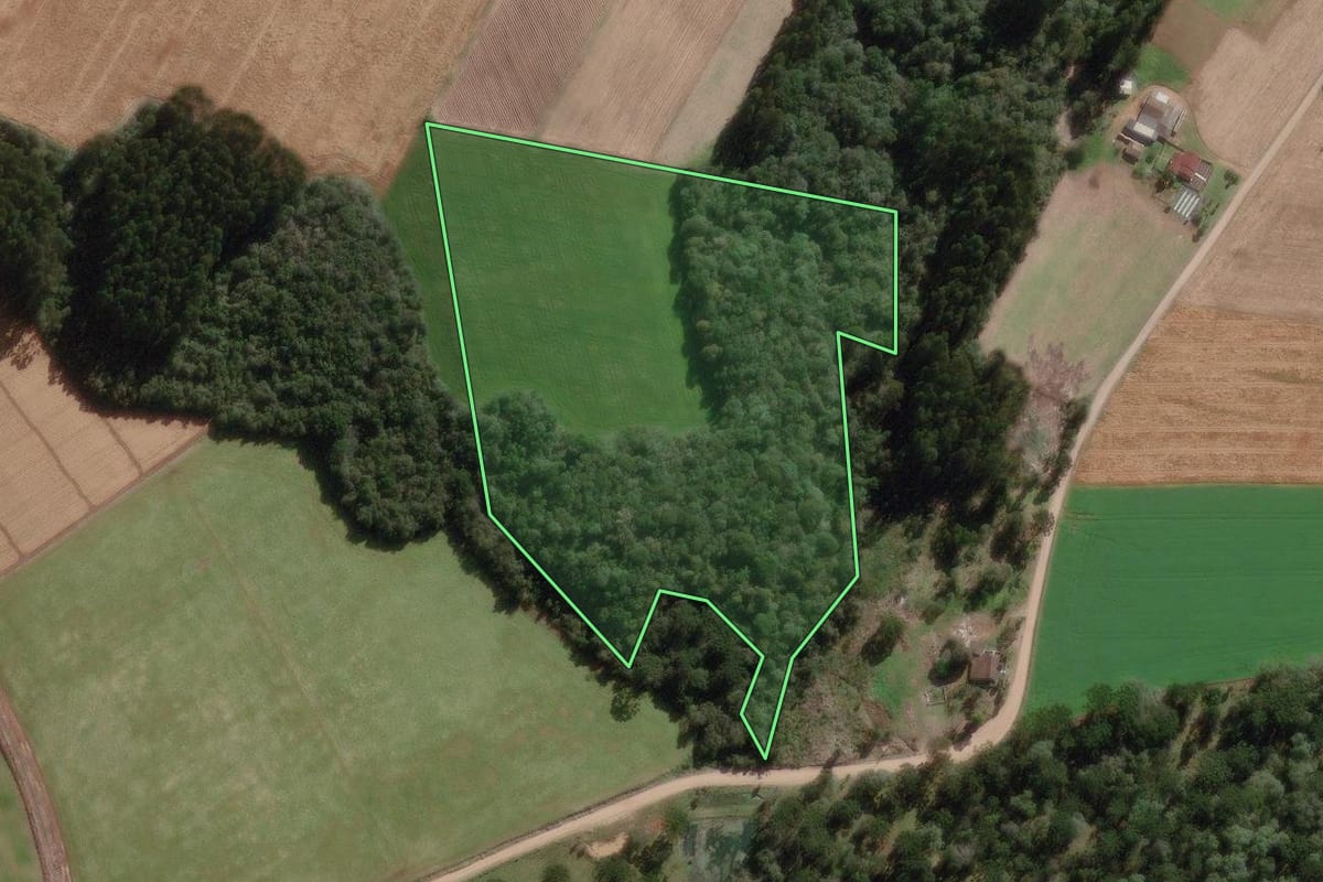 Imagem de satélite do imóvel rural em Canoinhas (SC), com o contorno declarado no CAR desenhado por cima.