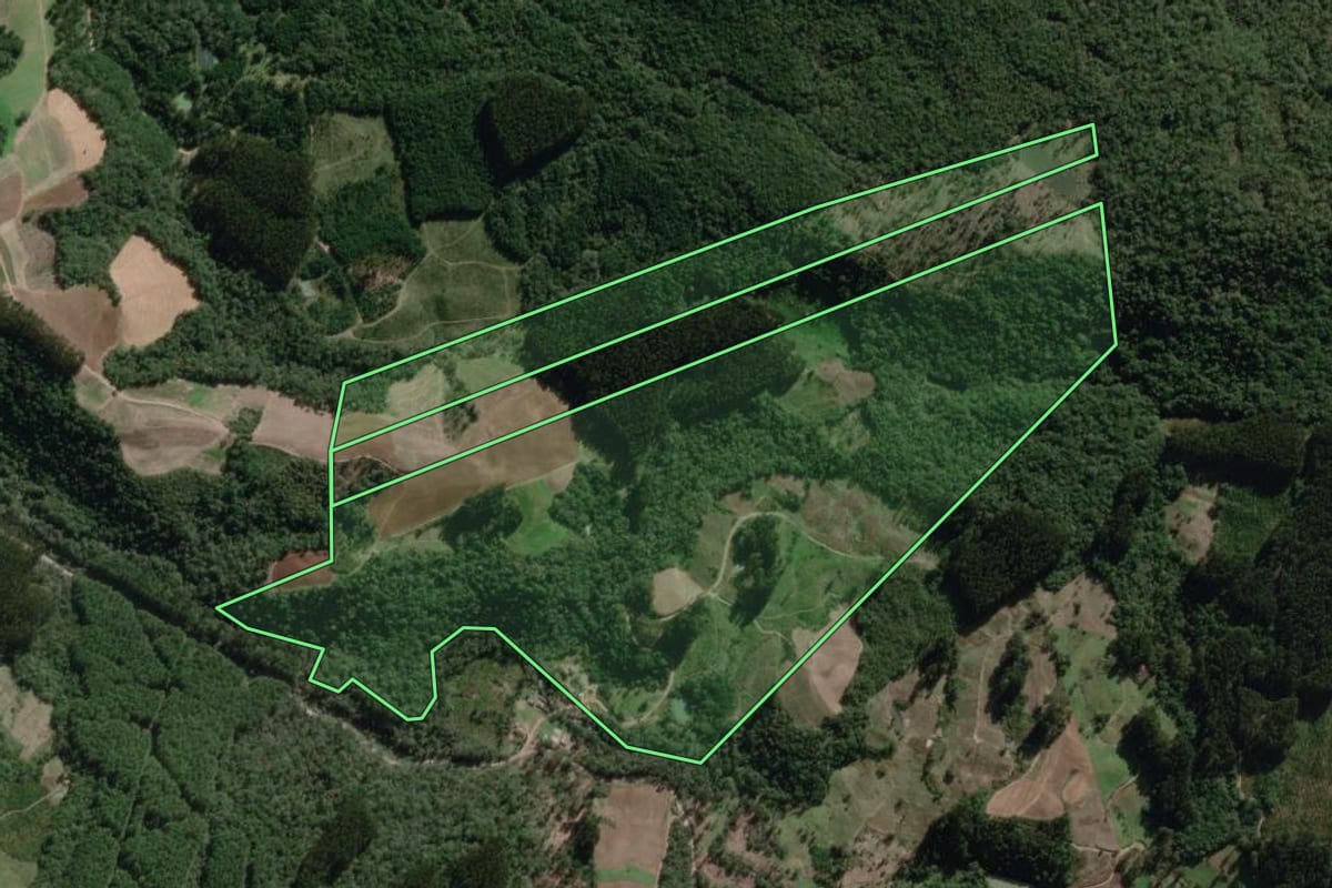Imagem de satélite do imóvel rural em Canoinhas (SC), com o contorno declarado no CAR desenhado por cima.