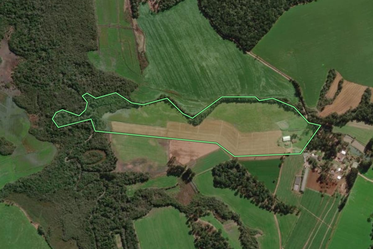 Imagem de satélite do imóvel rural em Canoinhas (SC), com o contorno declarado no CAR desenhado por cima.