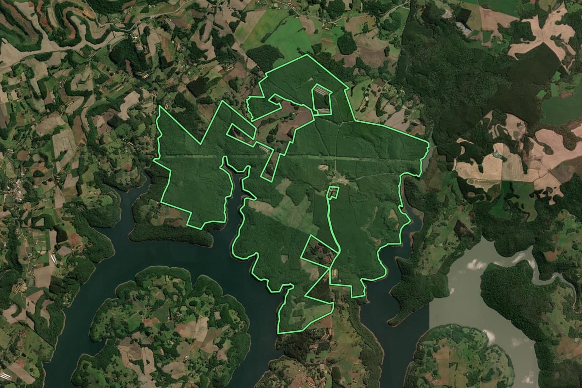 Imagem de satélite do imóvel rural em Capinzal (SC), com o contorno declarado no CAR desenhado por cima.