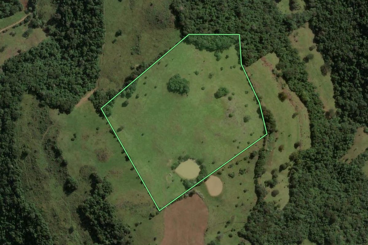 Imagem de satélite do imóvel rural em Capinzal (SC), com o contorno declarado no CAR desenhado por cima.