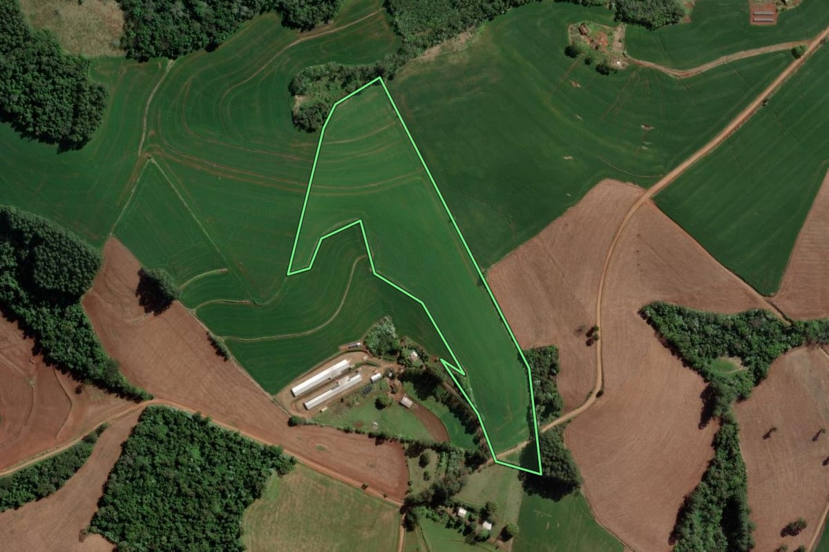 Imagem de satélite do imóvel rural em Caxambu do Sul (SC), com o contorno declarado no CAR desenhado por cima.