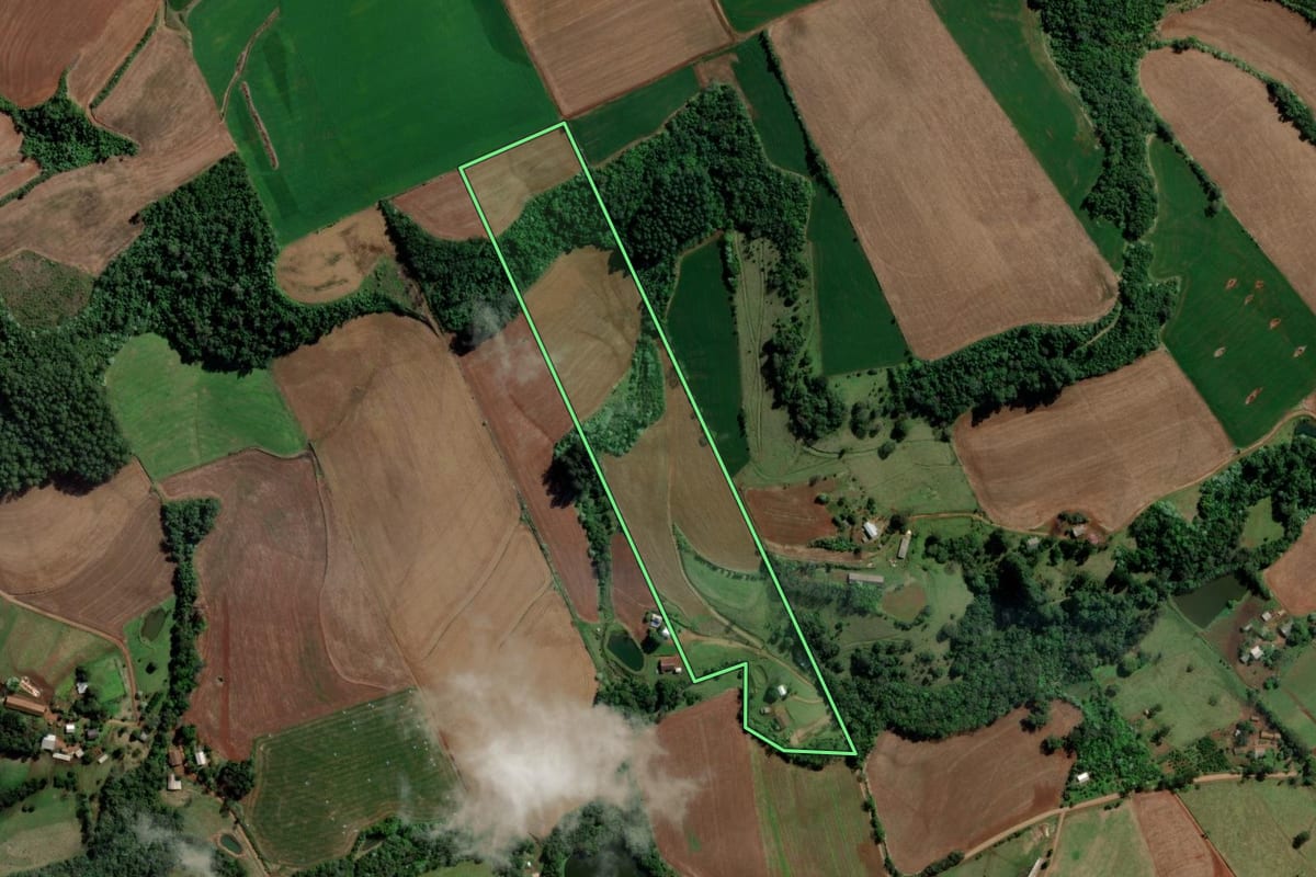 Imagem de satélite do imóvel rural em Caxambu do Sul (SC), com o contorno declarado no CAR desenhado por cima.