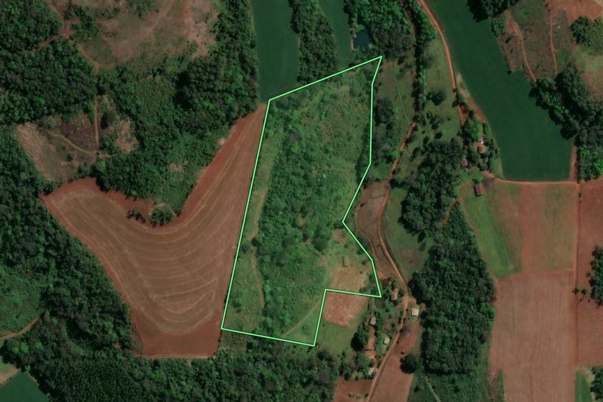 Imagem de satélite do imóvel rural em Caxambu do Sul (SC), com o contorno declarado no CAR desenhado por cima.