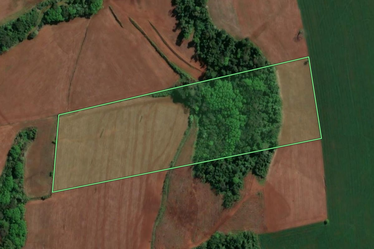 Imagem de satélite do imóvel rural em Caxambu do Sul (SC), com o contorno declarado no CAR desenhado por cima.