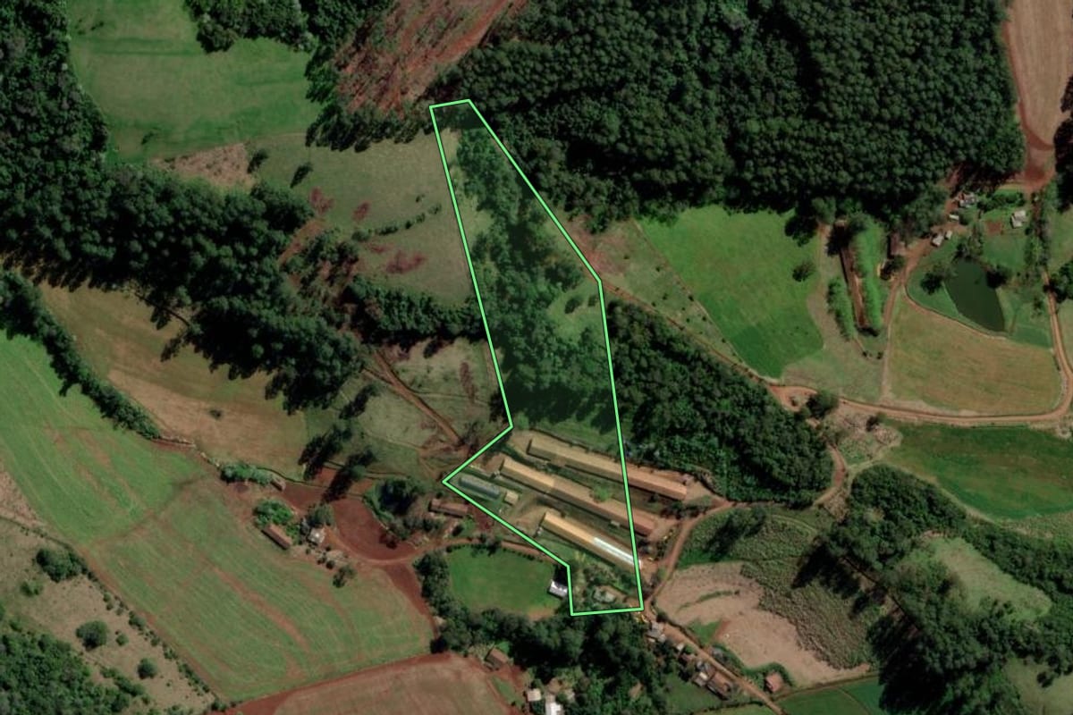 Imagem de satélite do imóvel rural em Caxambu do Sul (SC), com o contorno declarado no CAR desenhado por cima.