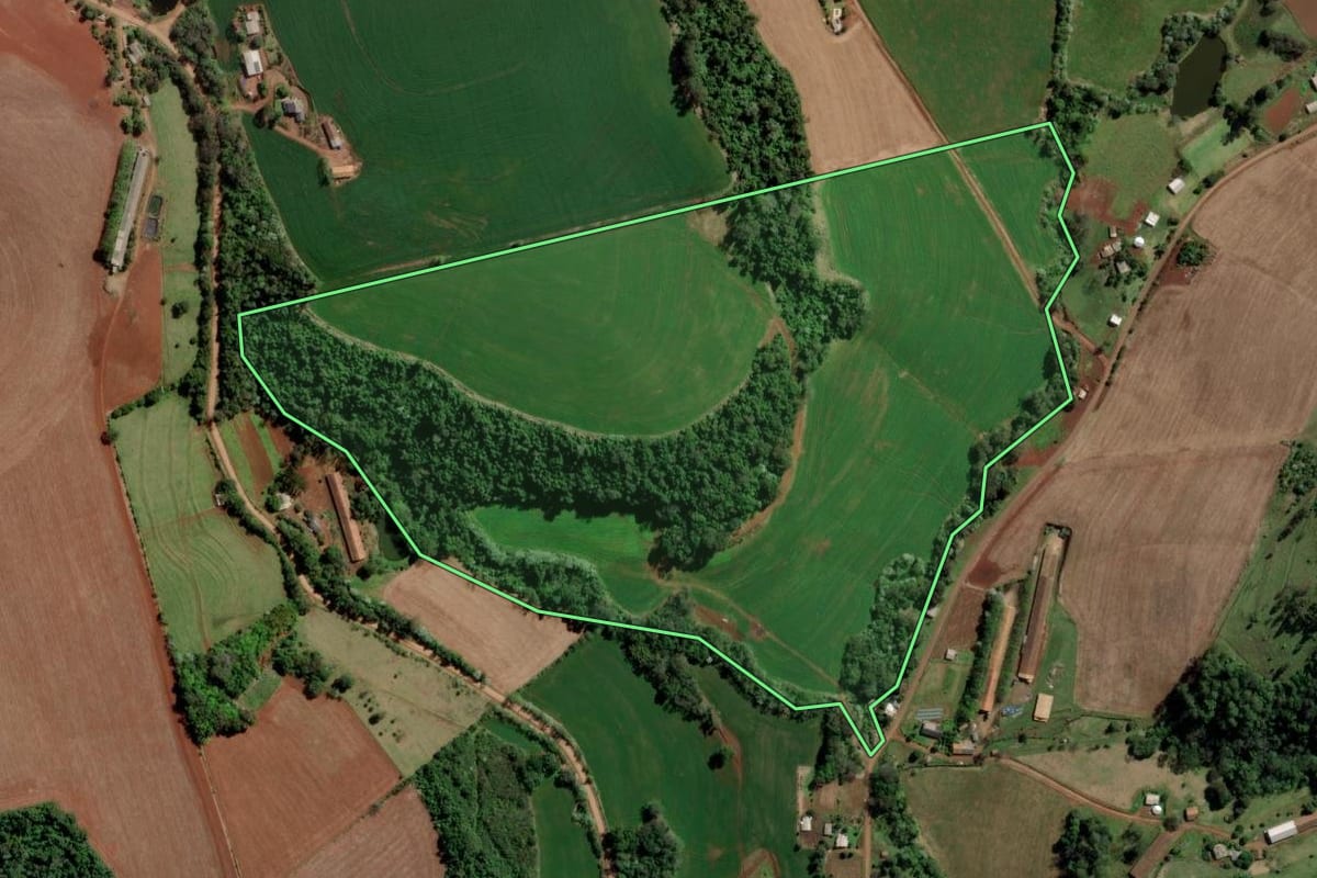 Imagem de satélite do imóvel rural em Caxambu do Sul (SC), com o contorno declarado no CAR desenhado por cima.
