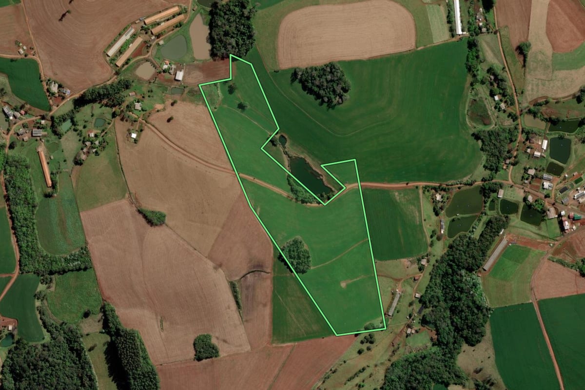 Imagem de satélite do imóvel rural em Caxambu do Sul (SC), com o contorno declarado no CAR desenhado por cima.
