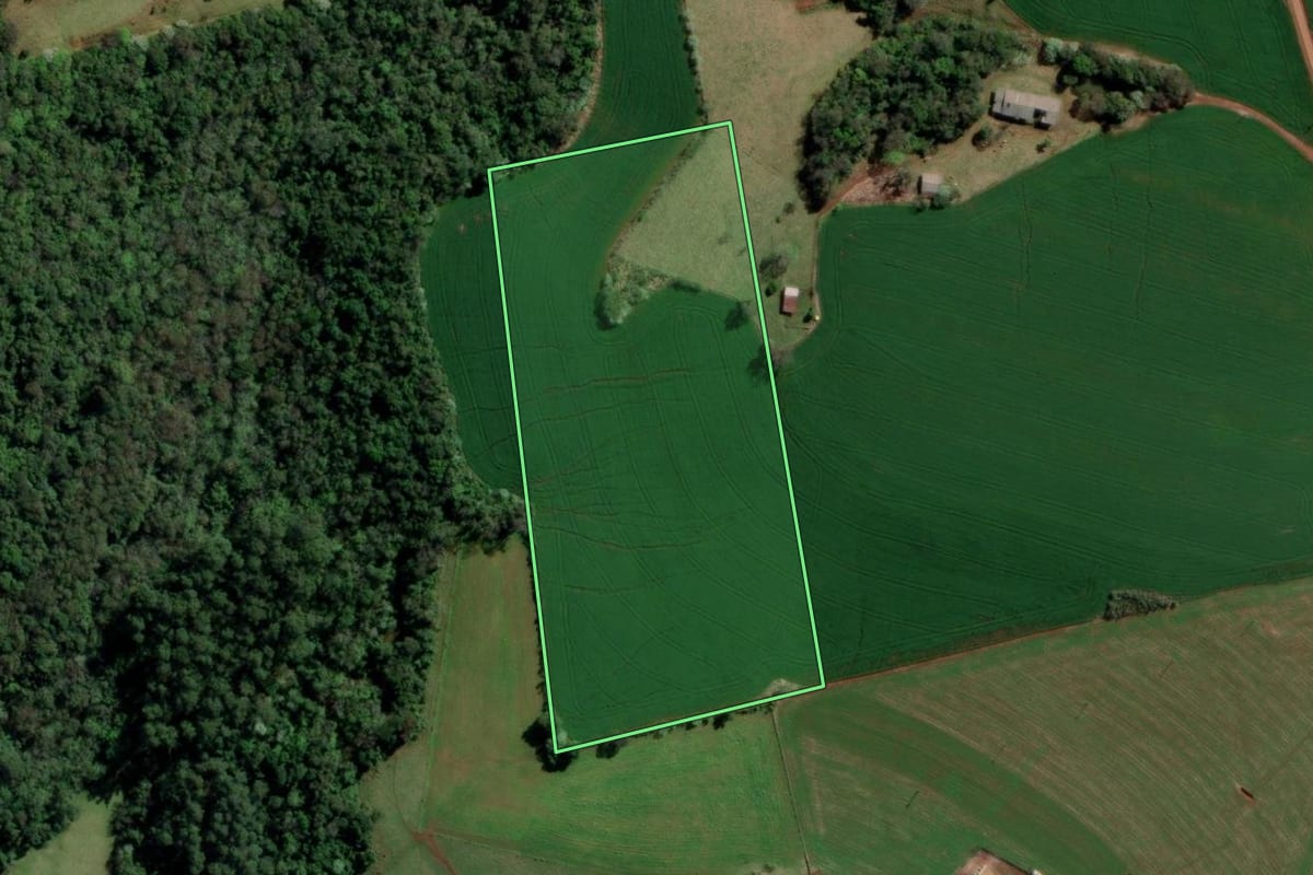 Imagem de satélite do imóvel rural em Caxambu do Sul (SC), com o contorno declarado no CAR desenhado por cima.
