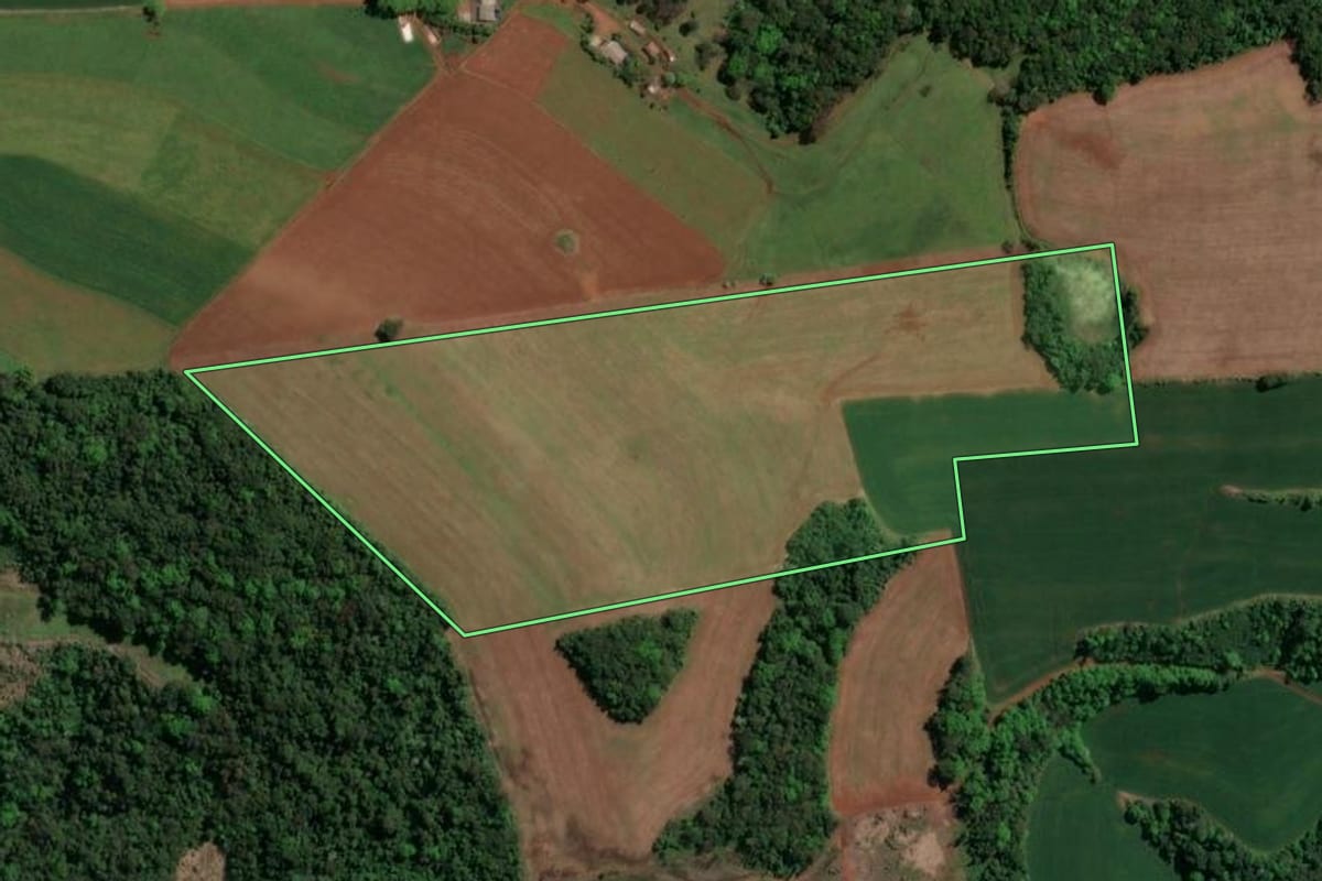 Imagem de satélite do imóvel rural em Caxambu do Sul (SC), com o contorno declarado no CAR desenhado por cima.