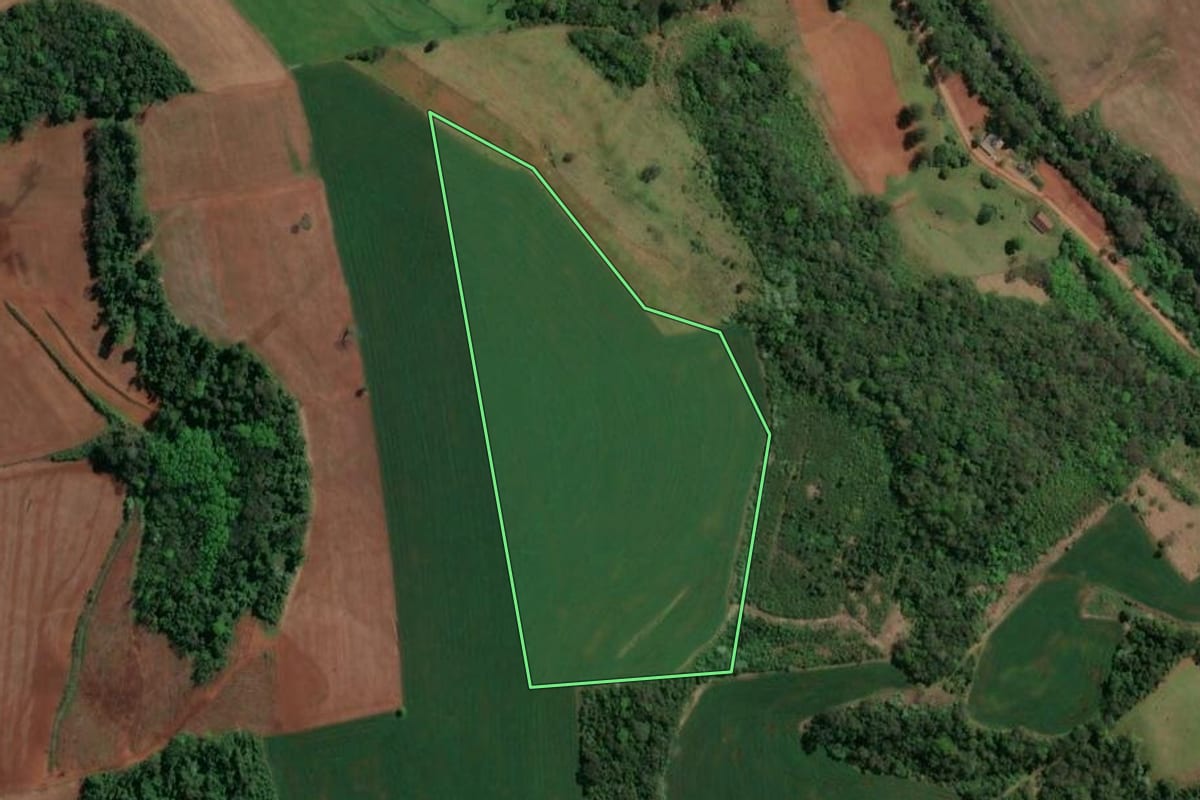 Imagem de satélite do imóvel rural em Caxambu do Sul (SC), com o contorno declarado no CAR desenhado por cima.