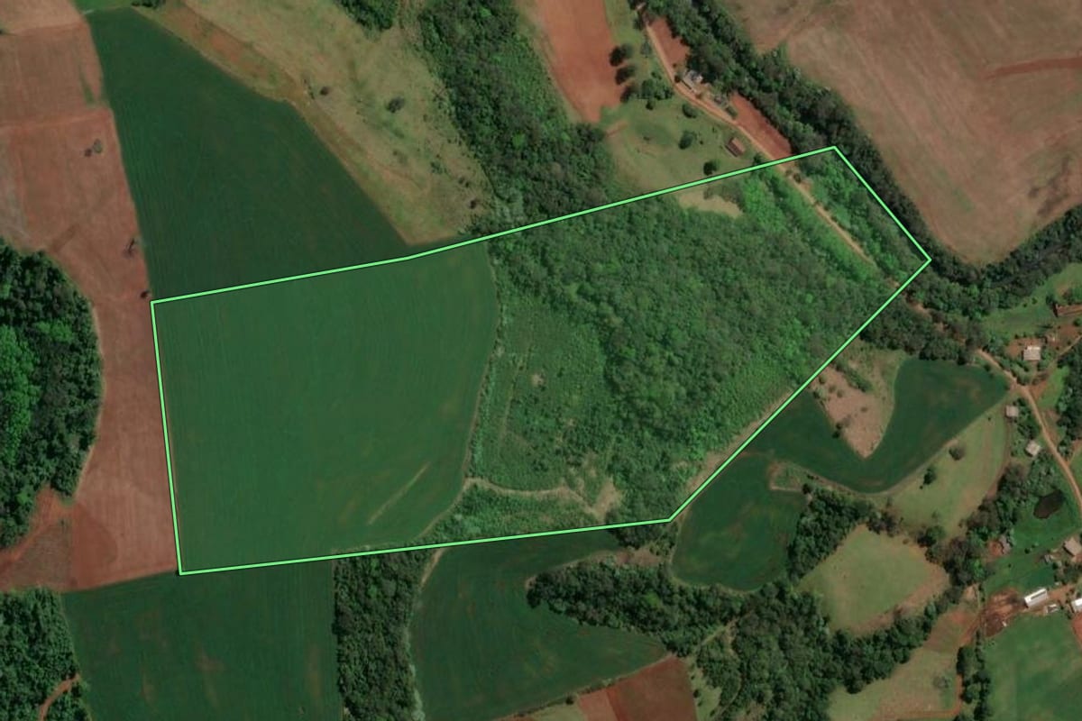 Imagem de satélite do imóvel rural em Caxambu do Sul (SC), com o contorno declarado no CAR desenhado por cima.