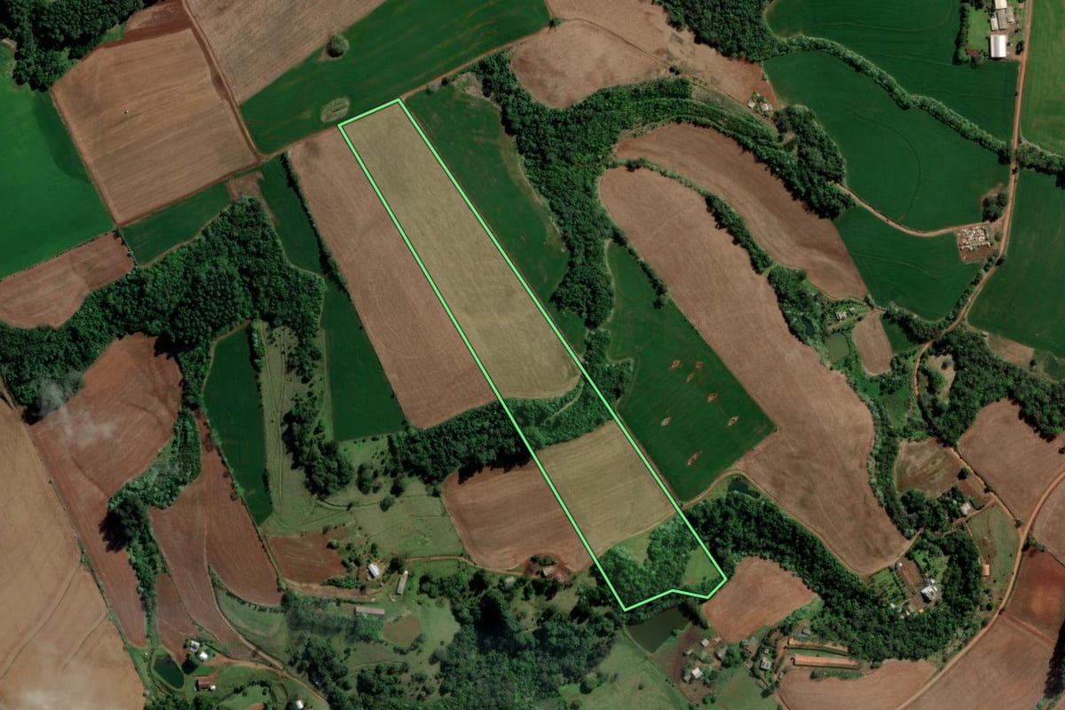 Imagem de satélite do imóvel rural em Caxambu do Sul (SC), com o contorno declarado no CAR desenhado por cima.