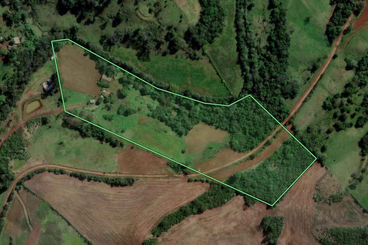 Imagem de satélite do imóvel rural em Caxambu do Sul (SC), com o contorno declarado no CAR desenhado por cima.