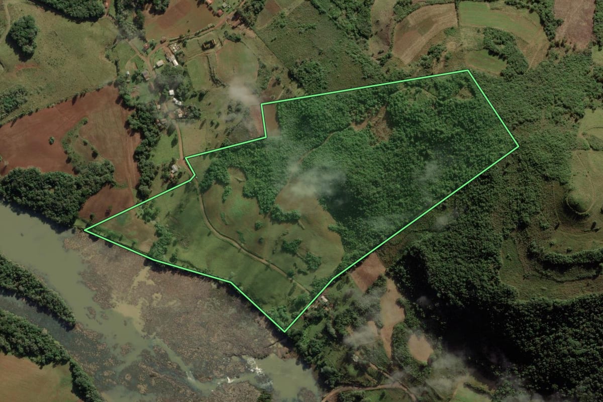 Imagem de satélite do imóvel rural em Cerro Negro (SC), com o contorno declarado no CAR desenhado por cima.