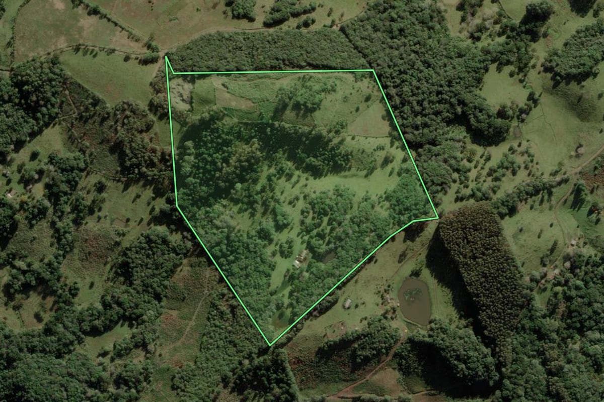 Imagem de satélite do imóvel rural em Cerro Negro (SC), com o contorno declarado no CAR desenhado por cima.