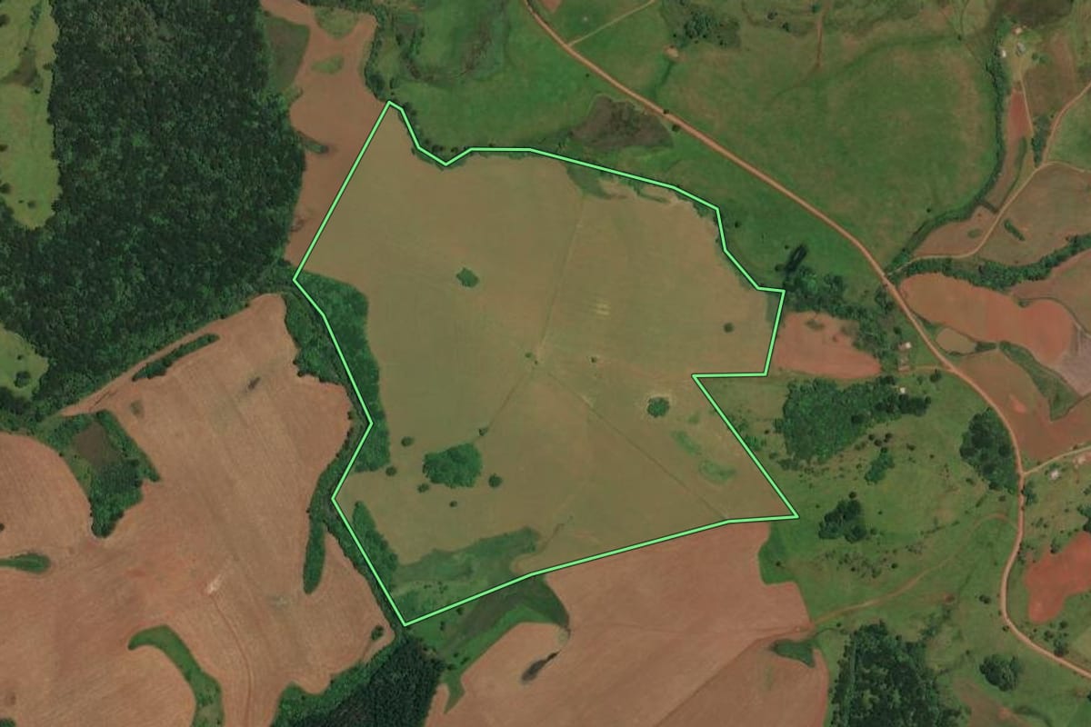 Imagem de satélite do imóvel rural em Cerro Negro (SC), com o contorno declarado no CAR desenhado por cima.