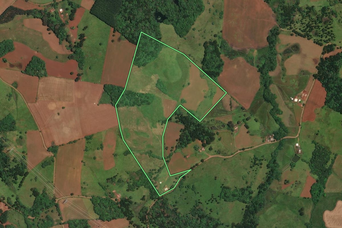 Imagem de satélite do imóvel rural em Cerro Negro (SC), com o contorno declarado no CAR desenhado por cima.