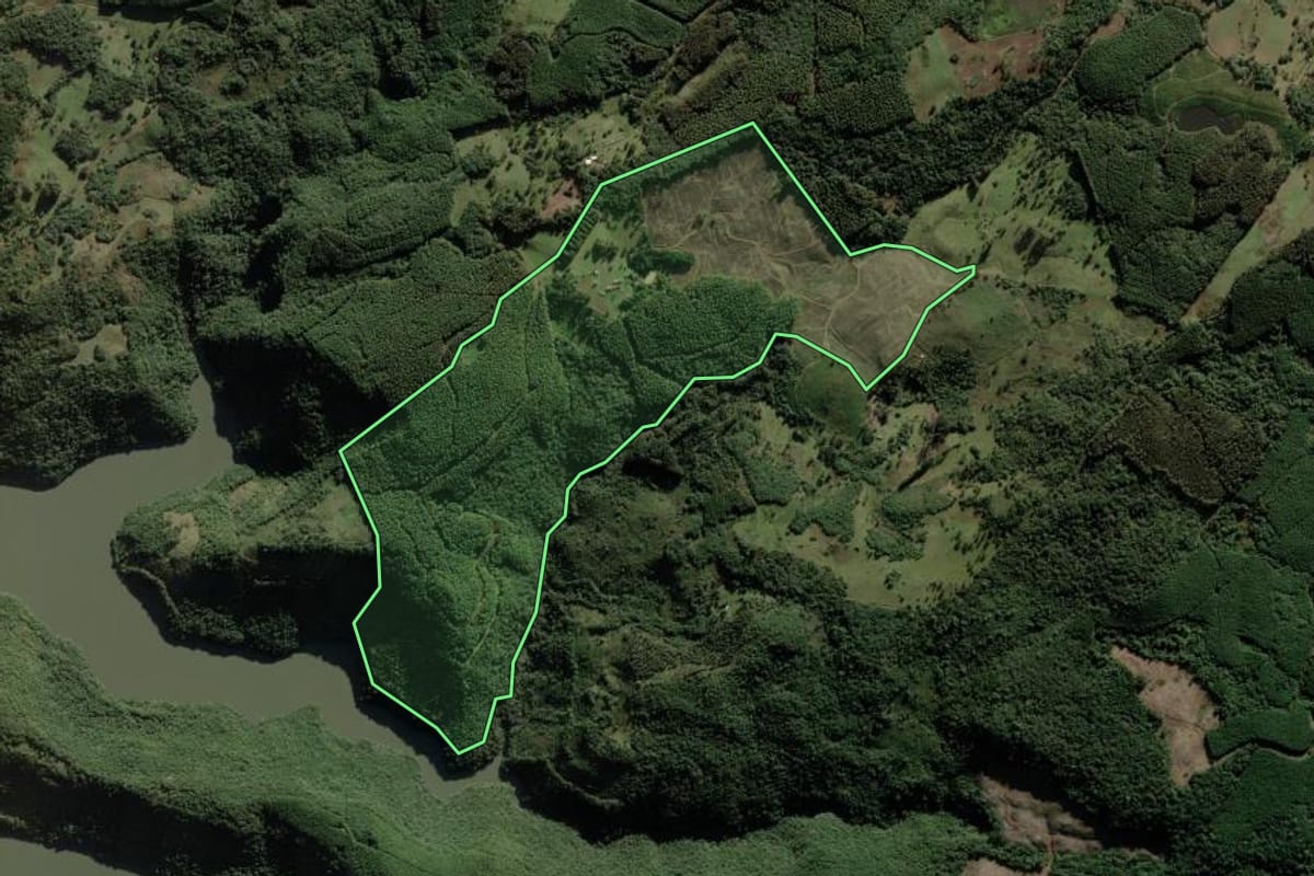 Imagem de satélite do imóvel rural em Cerro Negro (SC), com o contorno declarado no CAR desenhado por cima.