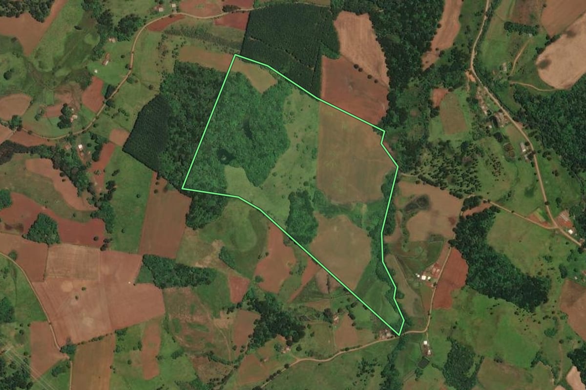 Imagem de satélite do imóvel rural em Cerro Negro (SC), com o contorno declarado no CAR desenhado por cima.