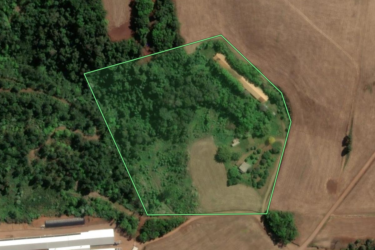 Imagem de satélite do imóvel rural em Chapecó (SC), com o contorno declarado no CAR desenhado por cima.