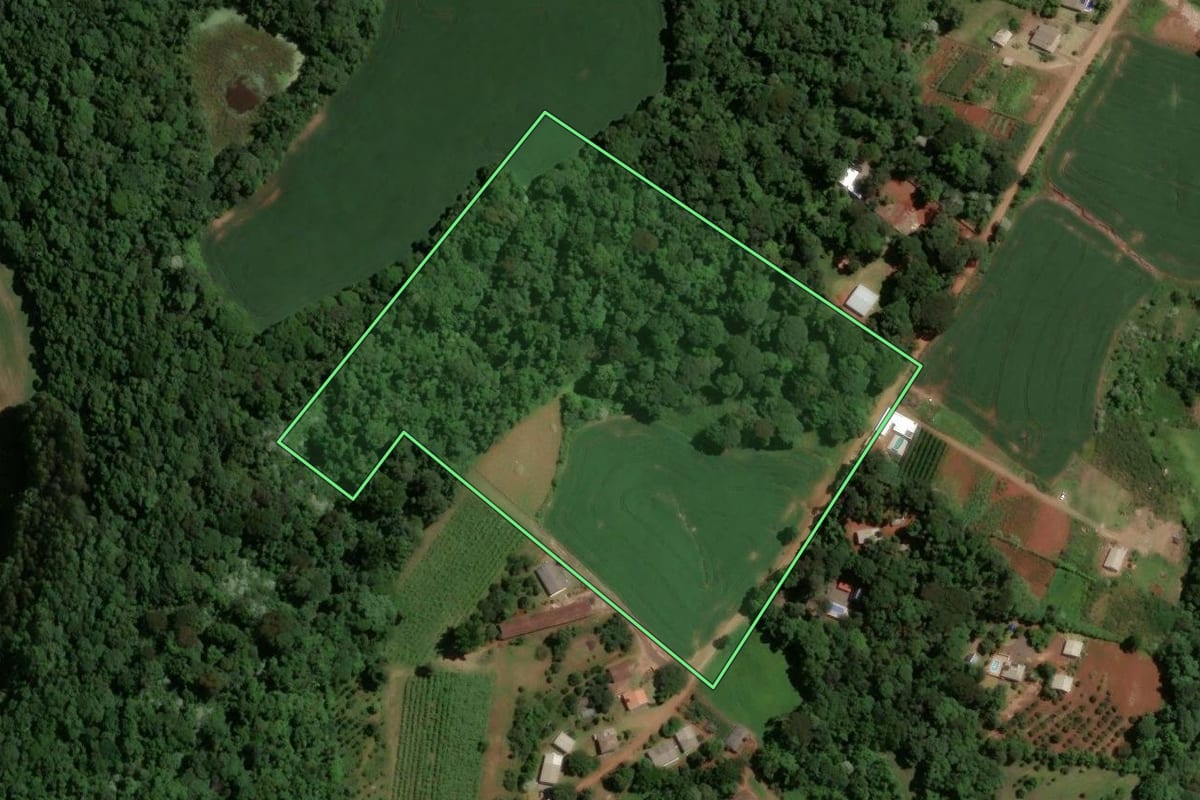 Imagem de satélite do imóvel rural em Chapecó (SC), com o contorno declarado no CAR desenhado por cima.