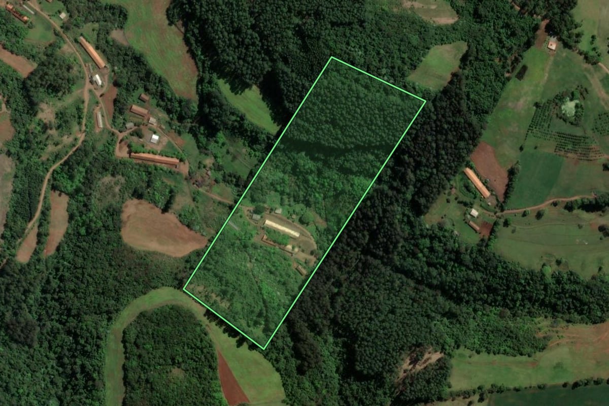Imagem de satélite do imóvel rural em Chapecó (SC), com o contorno declarado no CAR desenhado por cima.