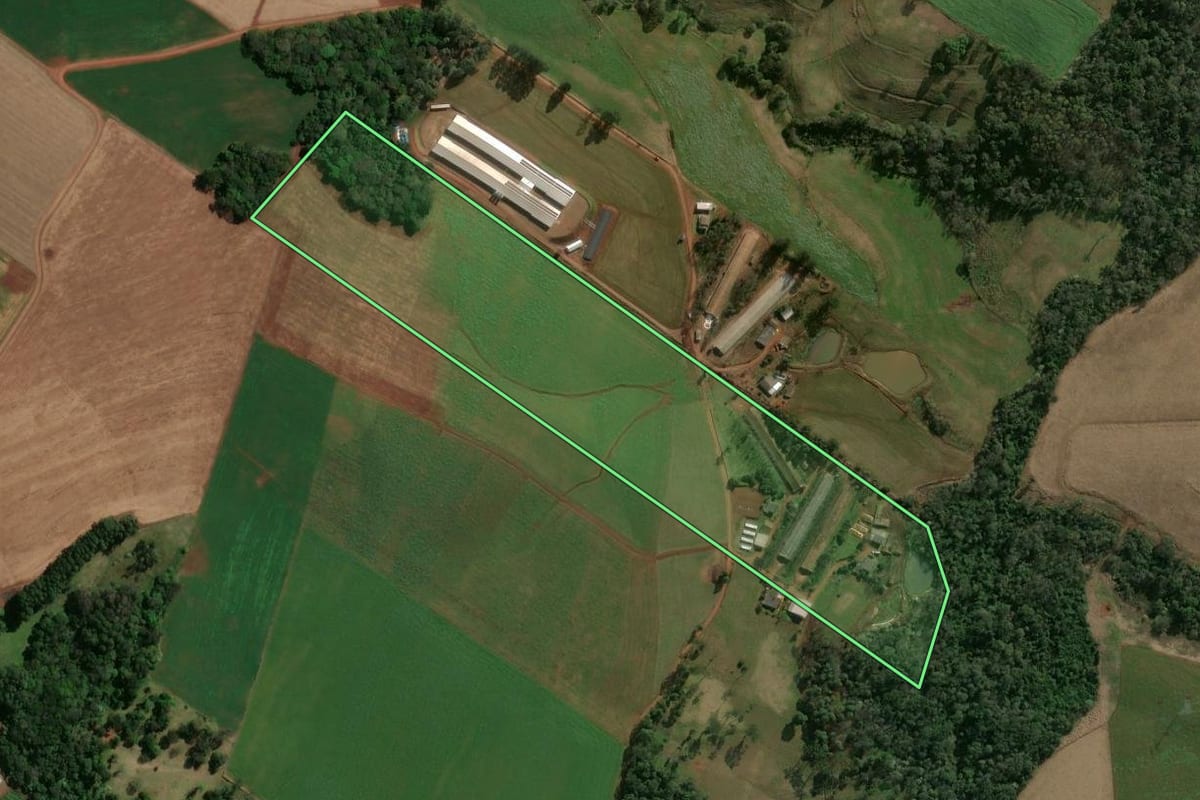 Imagem de satélite do imóvel rural em Chapecó (SC), com o contorno declarado no CAR desenhado por cima.
