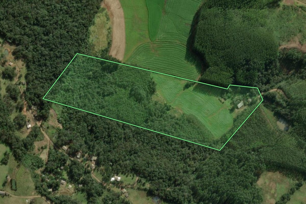 Imagem de satélite do imóvel rural em Chapecó (SC), com o contorno declarado no CAR desenhado por cima.