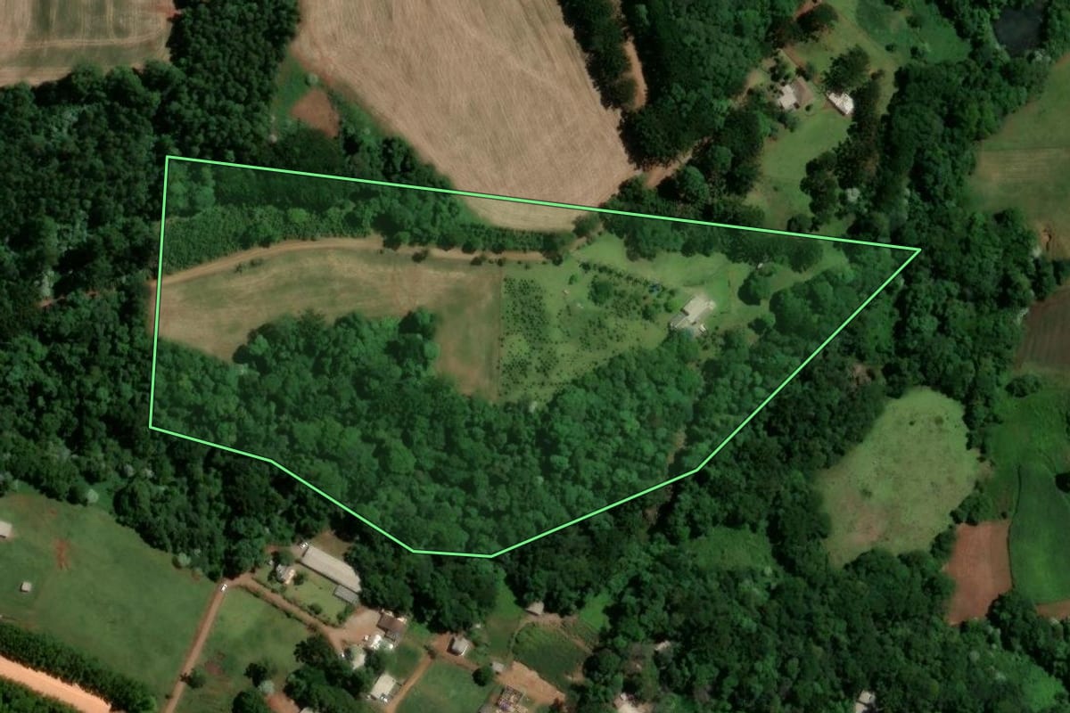 Imagem de satélite do imóvel rural em Chapecó (SC), com o contorno declarado no CAR desenhado por cima.