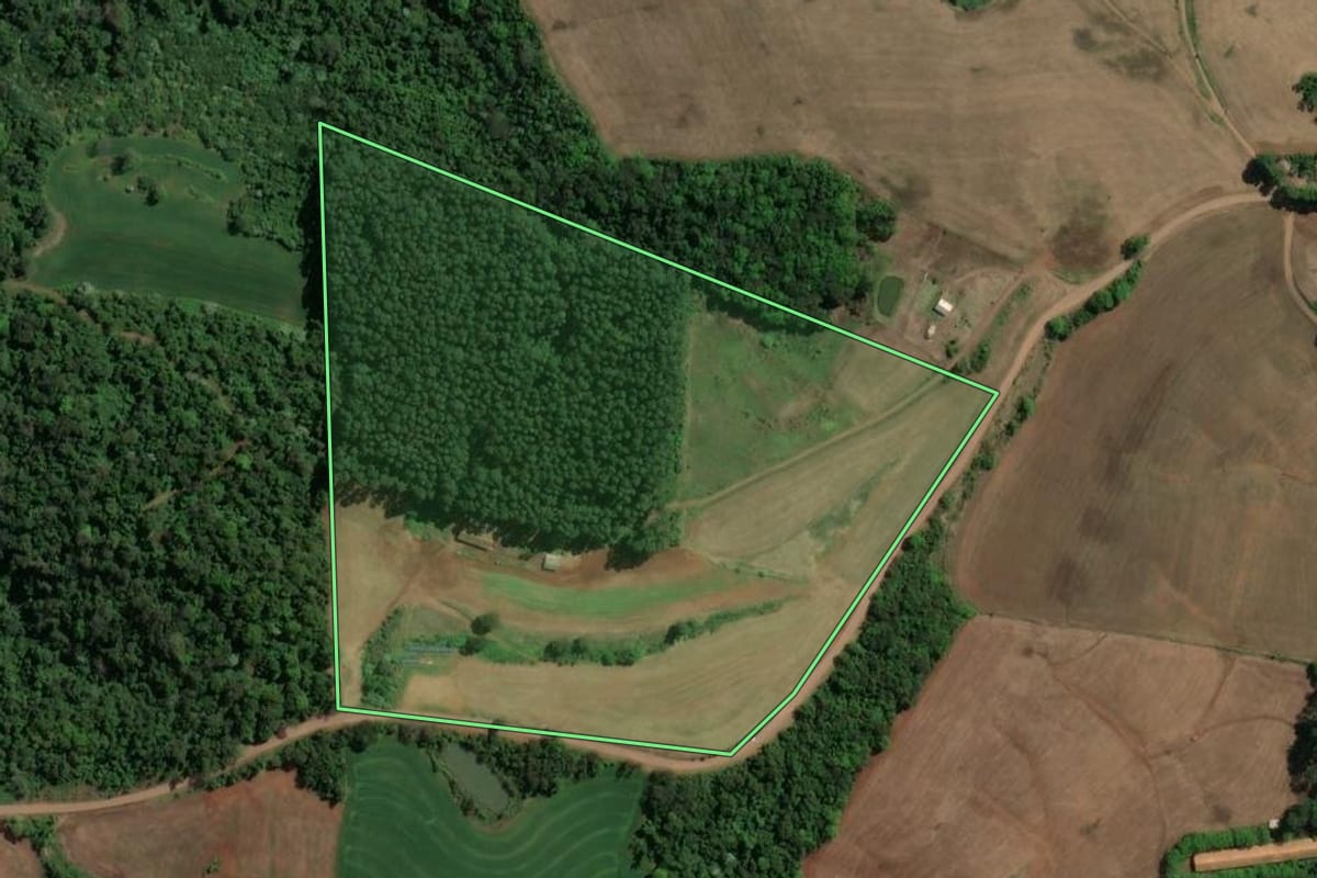 Imagem de satélite do imóvel rural em Chapecó (SC), com o contorno declarado no CAR desenhado por cima.