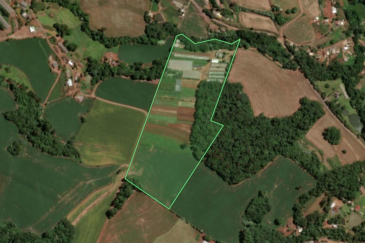 Imagem de satélite do imóvel rural em Chapecó (SC), com o contorno declarado no CAR desenhado por cima.