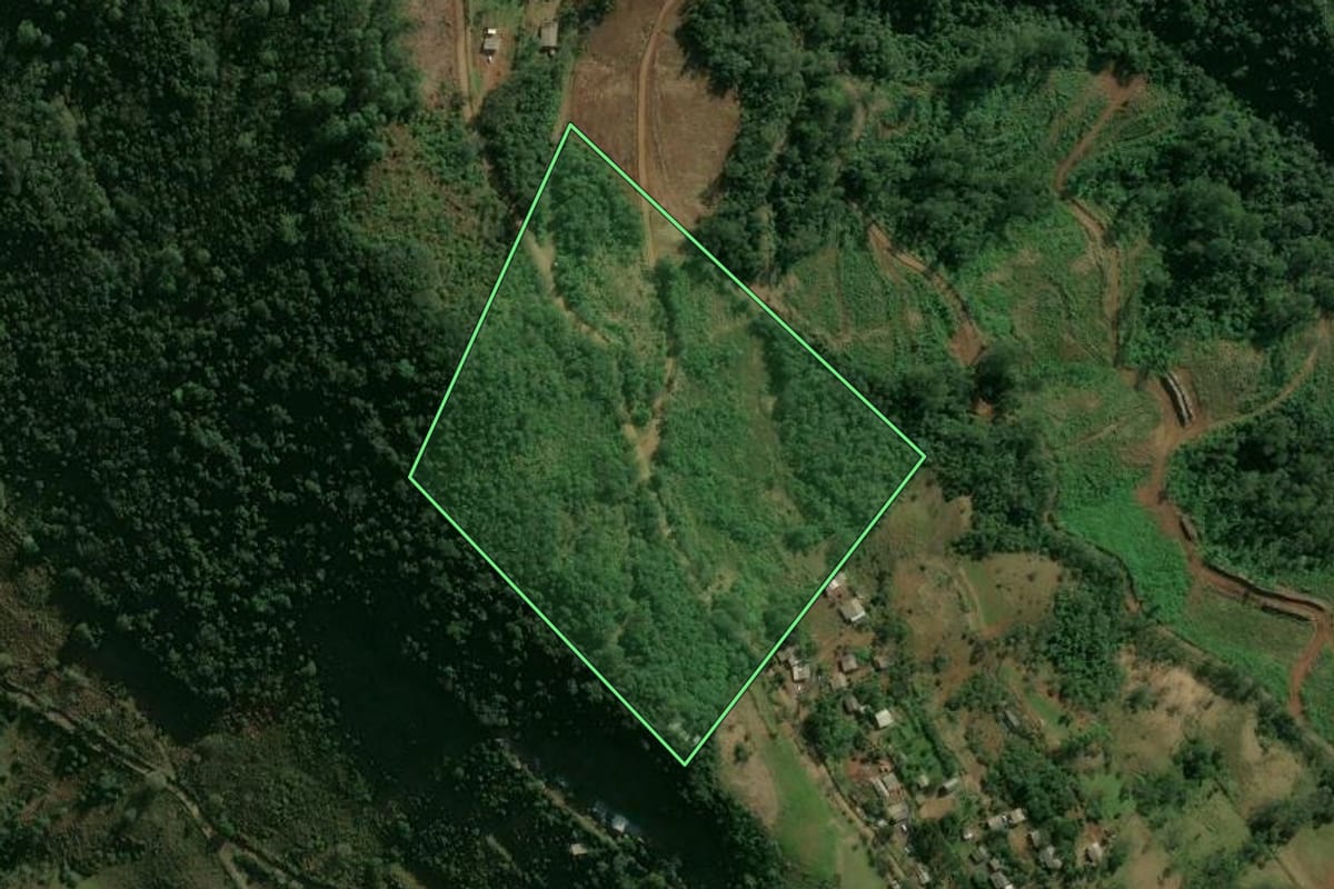 Imagem de satélite do imóvel rural em Chapecó (SC), com o contorno declarado no CAR desenhado por cima.