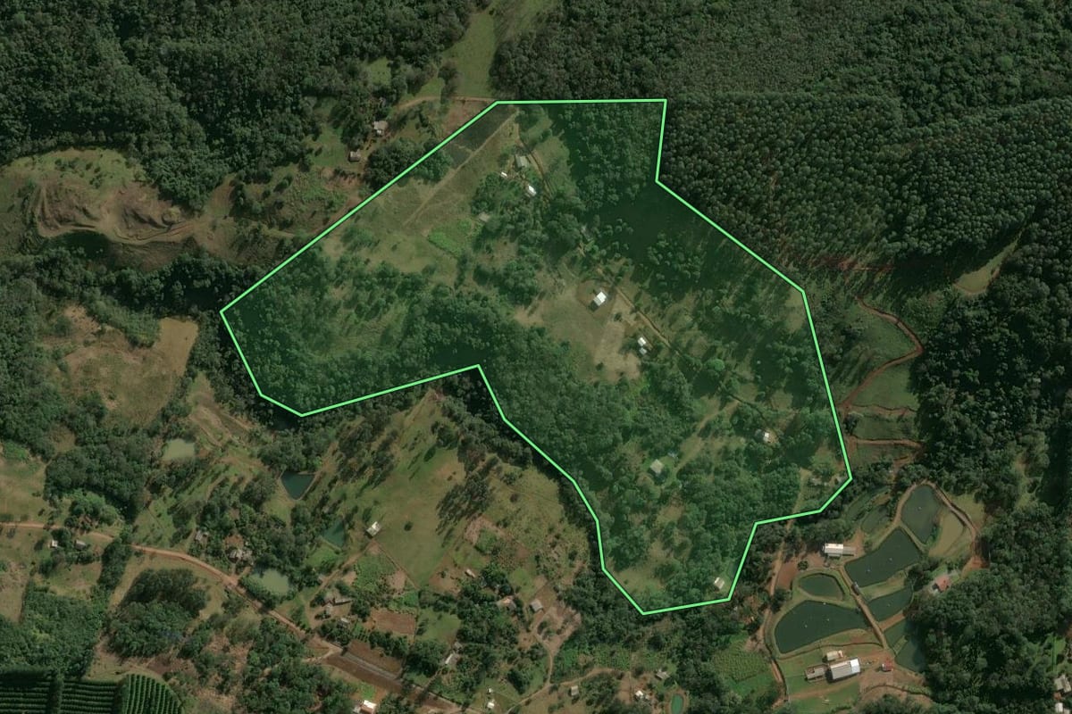 Imagem de satélite do imóvel rural em Chapecó (SC), com o contorno declarado no CAR desenhado por cima.